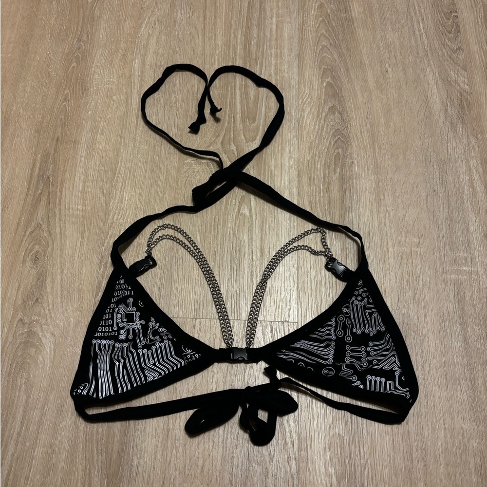L/XL Reflective Encryptive Motherboard Pattern Bra w/Chains and Buckle Top - Picture 4 of 5